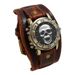 JewelryWe Montre Homme Cuir Crâne: Montre Homme Bracelet Cuir Large avec Cadran Tête de Mort Bronze Vintage Gothique Punk Biker Montre Poignet de Force Manchette Analogique Quartz - Cadeau Halloween (JewelryWe Bijoux, neuf)