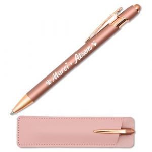 Stylo personnalisé Merci Atsem Rose Cuivré avec étui cuir - Idée cadeau ATSEM, maitresse d'école fin d'année scolaire maternelle - Stylo tactile métal 2 en 1 gravé (StarMaker, neuf)