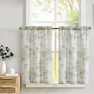 TOPICK Lot de 2 65 x 90cm (L x H) Rideau Cuisine Imprimé Plantes Animaux Lin Vert Printemps Filtrage de la Lumière Brise-bise Court Rideau Exterieur Terrasse Petite Fenêtre Placard Café (Audrey Home Fashion, neuf)