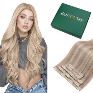 Easyouth Extension Clip Cheveux Humain Blonde Highlight Clip Extension Cheveux Vrais Blond Cendr&eacute; a Blond Clair Extension de Clip Remy Invisible #18P613 35cm 70g 5Pcs (Easyouth Hair, neuf)