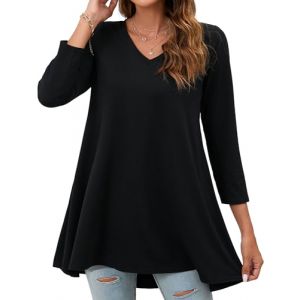 Enmain Femme Tunique Longue Chemisier Chic Et élégant Blouse Chemisiers Noir 3/4 Manche Col en V Tunique Grande Taille Ample Détente Confortable, S (colorfulfashioneur, neuf)