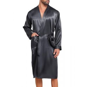 Lovasy Peignoir Homme Satin Robe de Chambre en Soie L&eacute;ger &agrave; Manches Longues Peignoir de Bain kimono Doux et Confortable V&ecirc;tement de Nuit avec Ceinture et Poche,A-Gris fonc&eacute;,XXL (Lovasy Direct, neuf)