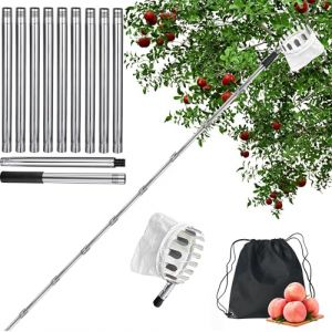 Jiahuade Cueille-Fruits avec Corbeille,Outil Cueillette de Cerise,Cueille Fruit avec Manche Télescopique,Cueille Pomme,Ramasse Fruit,Cueille Fruit Telescopique,Cueilleur de Fruits Amovible (4.2M) (Jiahuade, neuf)