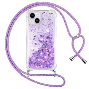 Vauki Coque pour iPhone 14 Plus avec Cordon, Paillette Liquide Transparent Crystal Glitter Housse, Protection Antichoc Silicone Souple TPU Bumper Case,R&eacute;glable Collier pour iPhone 14Plus, Violet (HARMONIQUE WAY, neuf)