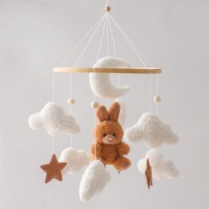 Promise Babe Mobile pour lit b&eacute;b&eacute; Support en bois Table &agrave; langer Bo&icirc;te &agrave; musique pour b&eacute;b&eacute; Nuages blancs Lune Nuages blancs Lune Lapin marron Pendentif (Best for baby, neuf)