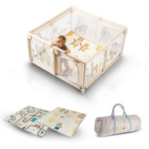 Parc Pliable pour Bébé et Enfant, Modulable, Tapis de sol Pliant et sac de Transport inclus, Playpen Beige d'interieur/Exterieur, Montage et Démontage Facile et Rapide,120 * 120cm,Design Animaux (vix-officiel, neuf)