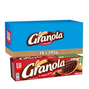 LU GRANOLA - 18 Boîtes de Biscuits Granola Nappé au Chocolat Noir - Pack Familial - Lot de Biscuits au Chocolat - Idéal pour le Goûter - Fabriqué en France - Lot de 18x195g (Plaisir & Snacking, neuf)