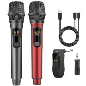 Aveek Microphone sans Fil Rechargeable,2.4GHz de Microphone Dynamique pour Karaok&eacute;, F&ecirc;te, Mariage, &Eacute;glise, R&eacute;union, Discours, Classe, Microphones Unidirectionnels, Gris et Rouge, 2 Pi&egrave;ces (GBEST, neuf)