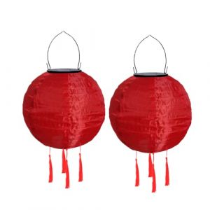 Lot de 2 lampions solaires d'ext&eacute;rieur r&eacute;sistants aux intemp&eacute;ries - Lampion solaire &agrave; LED - &Eacute;tanche - Avec pompon - Lampes solaires &agrave; suspendre - En papier - 20 cm - Rouge (ZDD123, neuf)