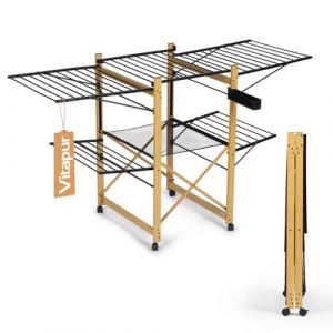 VITAPUR Séchoir à Linge en Bois AirPrestige Pro, Séchoir à Linge Tour, Pliable, Séchoir à Linge Haut, Mesh Insert, 4 Ailes Latérales, Séchoir à Linge pour Balcon XXL (Vitapur GmbH, neuf)