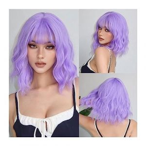 Perruques de cheveux humains Perruques synthétiques courtes violet bleu bouclés perruques avec frange for les femmes Cosplay Party Halloween coloré Bob perruques résistant à la chaleur Perruques pour (linjie20248, neuf)