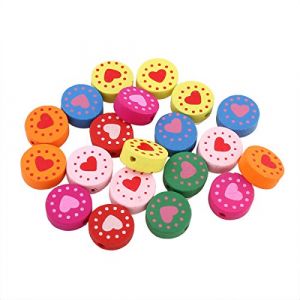 Perlin Lot de 20 perles en bois &agrave; enfiler, motif perles color&eacute;es pour la fabrication de bracelets, colliers et bijoux DIY, couleurs m&eacute;lang&eacute;es (rond avec c&oelig;ur 15mm) (Perlinshop, neuf)