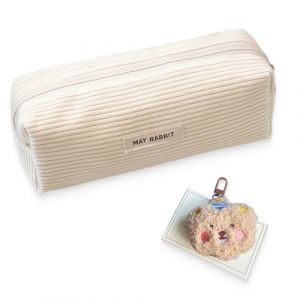 Trousse en tissu velours côtelé, trousse à crayons blanc laiteux pour filles, adolescentes, trousse à crayons, trousse scolaire pour école, bureau - blanc, livrée avec un joli pendentif en peluche (ycsyhqhysm-shop, neuf)