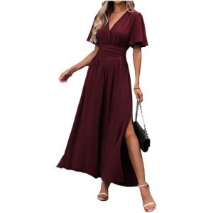 LUVCES Femme Robe Elegante Col en V Taille Haute Robe Longue d'été Plissée Manches Papillon Fente Latérale Froncée Robes pour Soirée Mariage Fête Bordeaux L (SANYI FASHION, neuf)