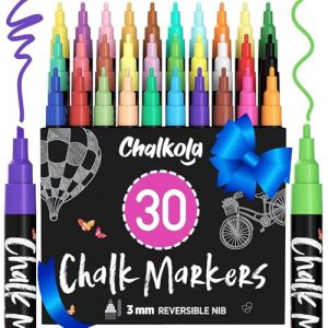 Chalkola Marqueurs Craie Pastel & Fluo pour Tableau Noir, Album photo Scrapbooking, Vitres, Verres - Stylo Craie Effaçable à Sec - Lot de 30 avec Pointe Arrondie et Ciseau Réversible 3 mm (WizMops, neuf)