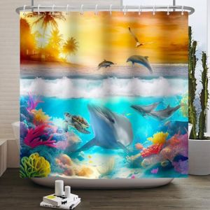 SDOTPMT 140x183cm Océan Rideau de Douche Requin Tortue de mer Baleine Mouette crépuscule Palmier Soleil dans l'océan Baignoire Rideau de Douche Salle de Bains Tissu décoratif avec Crochet (SDOTPMT, neuf)