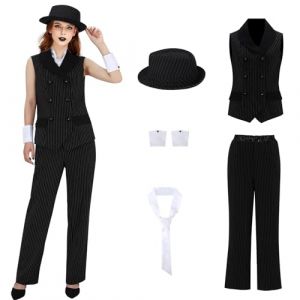 LIKUNGOU D&eacute;guisement de Mafia Pinstripe Costume pour Femmes Ann&eacute;es 1920 Gangster Ensemble Tenue Halloween Carnaval Costume de F&ecirc;te (L) (Paureven, neuf)