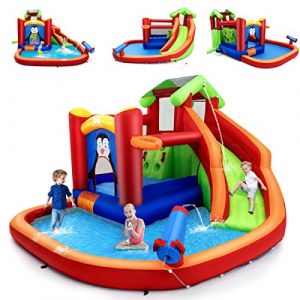 COSTWAY Château Gonflable avec Toboggan Aquatique & Maison de Saut, Aire de Jeux Gonflable avec Piscine & Motif de Pingouin, Canon à Eau & Panier, Charge 135kg pour 3 Enfants de 3 à 10 Ans (FDS GmbH, neuf)