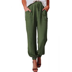 Nuofengkudu Femme Pantalon Sarouel Hippie Poches Cordon Taille Elastique Leger Baggy Respirant Uni Yoga Harem Pants Confort Vintage Detente Pantalons Bloomer Ete Plage Pyjama Decontracte Vert Foncé S (better Life, neuf)