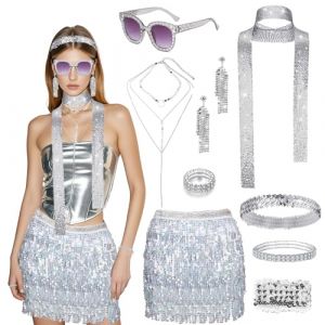 Lot de 10 accessoires disco des années 70 avec jupe à paillettes, bandeau, boucles d'oreilles, bracelet, ceinture, tenue des années 70 et 80, pour femme, pour carnaval, fête à thème, costume hippie (lulu-eu, neuf)