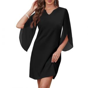 AOWVUTS Robe de Cocktail pour Femme Midi Robes en Mousseline Manches 3/4 Robe Courte Chic et &Eacute;l&eacute;gante Col en V Robes Unie A-Line Coupe Ample de Mari&eacute;e pour F&ecirc;te Soir&eacute;e Mariage Bal Promo (Foshan City Dange Auto Co., neuf)