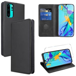 Vauki Coque Cuir pour Huawei P30 Pro 6.47" avec 1 Verre Trempé Etui à Rabat en PU Porte-Cartes Portefeuille Support Flip Housse Magnétique Antichoc Anti-Rayures Case,Noir (P2 Putter Grips EU, neuf)