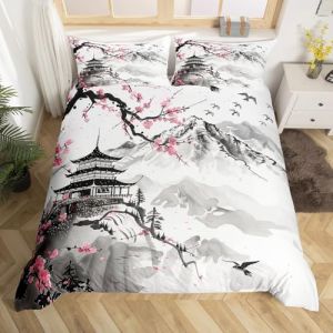 Homewish Housse de Couette 220x240 Fleur de Cerisier Rose, Parure de Lit Adulte Style Japonais, Sets de Housses de Couettes Fleurs Esth&eacute;tique, Couvre Lit Paysage de Peinture &Agrave; L'Encre Orientale (Suzhou yiyanyun e-commerce Co., Ltd, neuf)