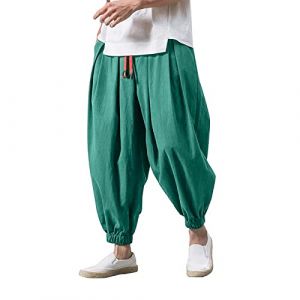 Pantalon sarouel baggy pour homme - Japonais uni pantalon de loisirs en coton et lin ample décontracté salopette de maison pantalon long respirant pantalon bouffant grande taille yoga taille élastique (Take Idea, neuf)