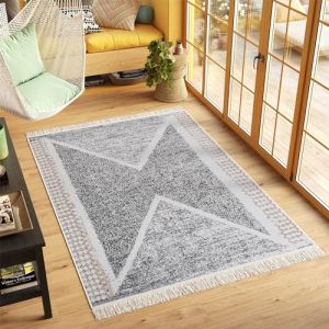 TAPISO Azteca Tapis en Coton à Franges Lavable Réversible Moderne Gris Beige Ethnique Tapis Salon Chambre Petit Tapis Descente de Lit Tapis de Passage Oeko-TEX 80 x 150 cm (TAPISO-FR, neuf)