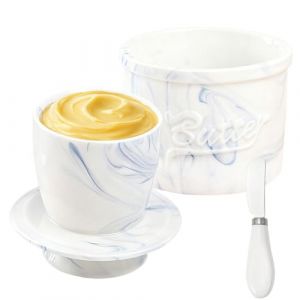 Beurrier Ceramique avec Couteau Beurre - Beurrier &agrave; Eau avec Couvercle, Pot &agrave; Beurre avec Refroidissement, Pot Beurre Fran&ccedil;ais Porcelaine pour Conserver le Beurre Frais (Marbre Bleu Blanc, 6 oz) (BozeRICH, neuf)