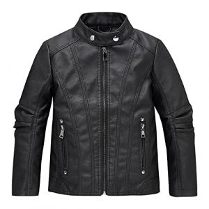 Boodtag Veste de moto en cuir synth&eacute;tique pour enfants de 3 &agrave; 14 ans avec fermeture &eacute;clair et ceinture &agrave; col pression Noir, Noir , 13-14 ans (Boodtag, neuf)