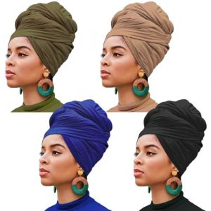 Xtrend Lot de 4 bandeaux extensibles en jersey turban en tricot pour cheveux urbains, couleur unie, ultra doux, extra long et respirant pour femme (camel, bleu royal, noir, vert militaire) (XtrendHair, neuf)