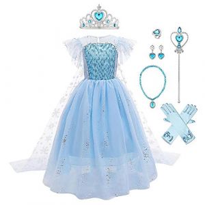 IWEMEK Filles Déguisements Princesse Elsa Robe Longue avec Cape + Accessoires Reine des Neige 2 Costume de Carnaval Halloween Noël Robes de fête d'anniversaire Enfants Bleu Set 8-9 Ans (IWEMEK, neuf)