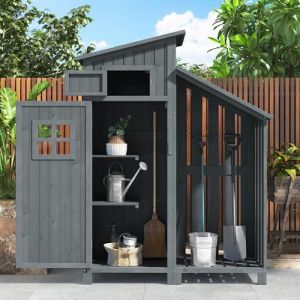 Abri de Jardin en Bois, Cabane de Jardin avec PVC à Structure en Forme de Selle, Coffre de Jardin avec Fondation et 2 étagères de Rangement, Armoire Outils de Jardinage, 124x46x174cm Gris (ZEYNEP OZTURK LIMITED, neuf)