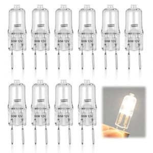 HOMTRAK Ampoule Halog&egrave;ne 50W G6.35/GY6.35 12V, Lot de 10 Ampoules Lampe Halog&egrave;ne 12V 50W pour Lustre,Sous-Meuble, &Eacute;clairage de Paysage, Appliques et &Eacute;clairage de Piste, Blanc Chaud 2750K, Dimmable (DeWaiKe, neuf)