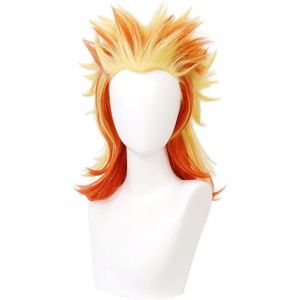 Perruque de cosplay anime, perruque Demon Slayer, perruque Rengoku Kyoujurou, longue perruque bouclée jaune dégradé rouge pour les fans d'anime avec bonnet de perruque gratuit, pour Halloween, (Deklopo EU, neuf)