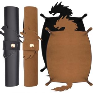 SIQUK 2 Pi&egrave;ces Plateau &agrave; D&eacute;s Dragon Piste de des Pliable Cuir PU Tapis de D&eacute;s Dice Tray Mat pour DND RPG (Chameau, Noir) (Siquk EU, neuf)