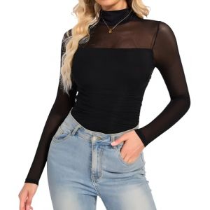 SHAPERIN Body Femme Col Roul&eacute; Manches Longues El&eacute;gant Bodysuit Sheer Mesh Bodysuit Top Body en Maille Transparente Clubwear Party Noir M (SHAPERIN DIRECT FR, neuf)
