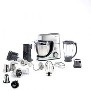 Moulinex Robot pâtissier, 1100 W, Kit de pâtisserie, Blender, Découpe-légumes avec accessoire pour macédoine, Hachoir à viande, Mini hachoir, Masterchef Gourmet argent QA519D32 (ZOOM ICI, neuf)