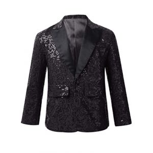 TiaoBug Enfant Garçon Paillette Veste de Costume d'honneur Mariage Cérémonie Soirée Manteau Blouse Gentleman Smoking Blazer Brillant Chemise Fête Carnaval 5-16 Ans Noir 15-16 Ans (TB TRADING, neuf)