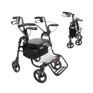KMINA Déambulateur 4 Roues Pliable Léger, avec Siège, Fauteuil Roulant 2 en 1, Rollator Réglable, Confort Mobilité, Noir (KMINA, neuf)