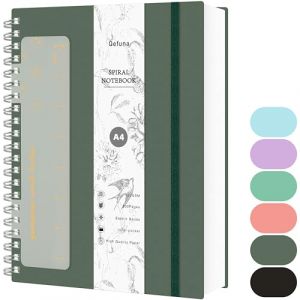 Qefuna Carnet A4 Ligné, 300 Pages à Spirale, Papier Résistant à l'Encre 100g/M², Couverture Rigide PVC, avec Règle, Poches Extensibles, Bandes Elastiques, pour Femme, Homme, 21x 28 cm - Vert (Qcore, neuf)