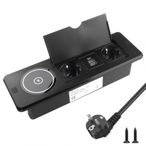 BlueXP 2 Prises de Bureau Encastrable avec Chargeur sans Fil Bloc Multiprise Encastrable avec 2 Ports USB A et 1 USB-C Surface de Charge Qi Couvercle Rabattable & C&acirc;ble EU 1,8 m Prise Noir (BlueXP, neuf)