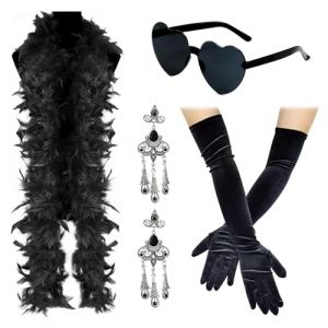 Ourdort Boa de Plumes Long Black Gloves Earrings Lunettes en Forme de C&oelig;ur Charleston Femme Tenue des Ann&eacute;es 20 pour D&eacute;guisement,Flapper,Carnaval,F&ecirc;te &agrave; Th&egrave;me (WUMINYANG LIMITED, neuf)