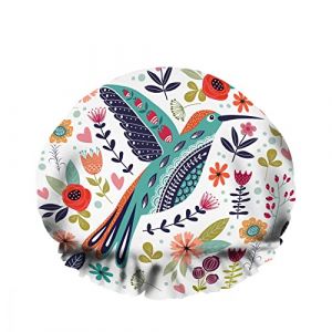 Double ImperméableBathing Shower Cap Cartoon Beautiful Bird Colorful Flowers Leaf Branch Art Réutilisable Fashion Shower Hat for Women Beauty, BathHair Spa, Home Hotel Travel Use (enshishishuhoushangmaoyouxi, neuf)