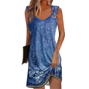 Yeenily Robe Femme Col en V sans Manches D&eacute;contract&eacute;e Plage Robes Chic et Elegant &Eacute;t&eacute; Couleur Unie Mini Longue Tunique Robe (Bleue Impression, XL) (AOXIDE, neuf)