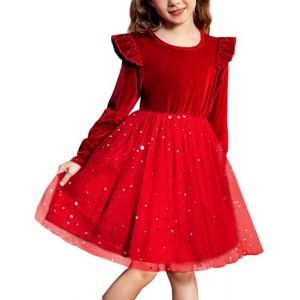Arshiner Robe en Velours pour Filles Robe en Tulle Robe de Soir&eacute;e pour Tout-Petits Col Rond Robe D&eacute;contract&eacute;e Manches Longues Rouge Robe de No&euml;l Robe de F&ecirc;te pour Enfants Paillettes 4-5 Ans (Arshiner Store, neuf)