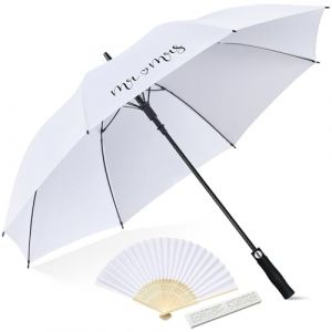 Hestya Parapluie de Mariage Blanc avec Mr et Mrs Imprimés et Éventails de Mariage Portables Éventail Pliable à Main avec Boîte Cadeau Parapluie Solaire de 120 cm Cadeaux de Mariage pour Fête Nuptiale (Hoocowayee, neuf)