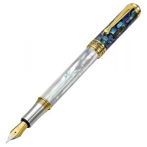 Xezo Maestro stylo plume, plume fine. Nacre iris&eacute;e d'origine oc&eacute;anique et coquille de Pāua. Plaquage or 18 carats et platine pur. Chaque pi&egrave;ce unique (XEZO, neuf)