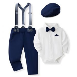 Volunboy B&eacute;b&eacute; Gar&ccedil;on Costume Gentleman, Noeud Papillon Chemise + Pantalon + Chapeau B&eacute;ret 5 Pi&egrave;ces(Taille 66,6-9 mois,Blanc Marine (Volunboy, neuf)